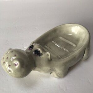 Vintage 80s Hippo Ceramic Soap Dish Sponge Holder Trinket Kitsch Gray Bath Decor